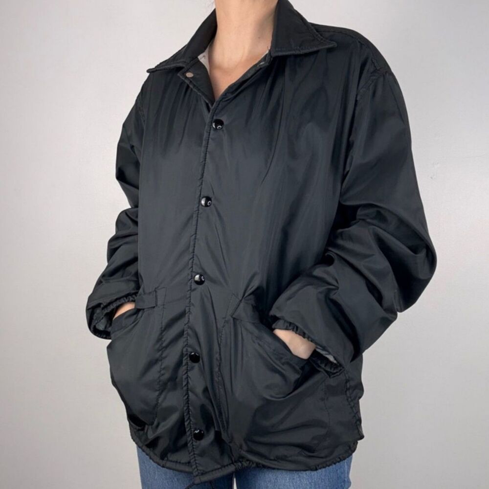 Vintage Black Coach Jacket Workwear Snap Front Windbreaker Graphic Back Pla-Jac